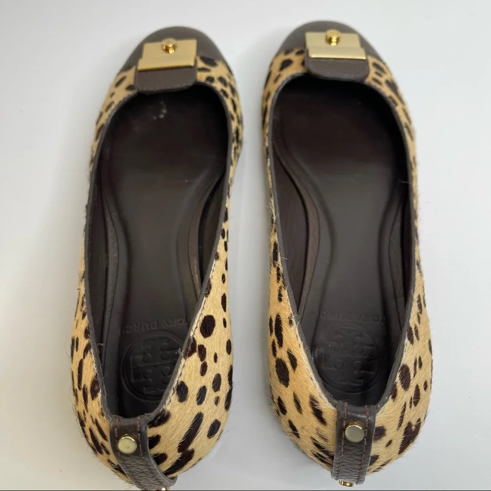 Tory Burch Priscilla Ballet Hair Calf Tumbled Leather Flat Cheetah Coconut Sz 8
